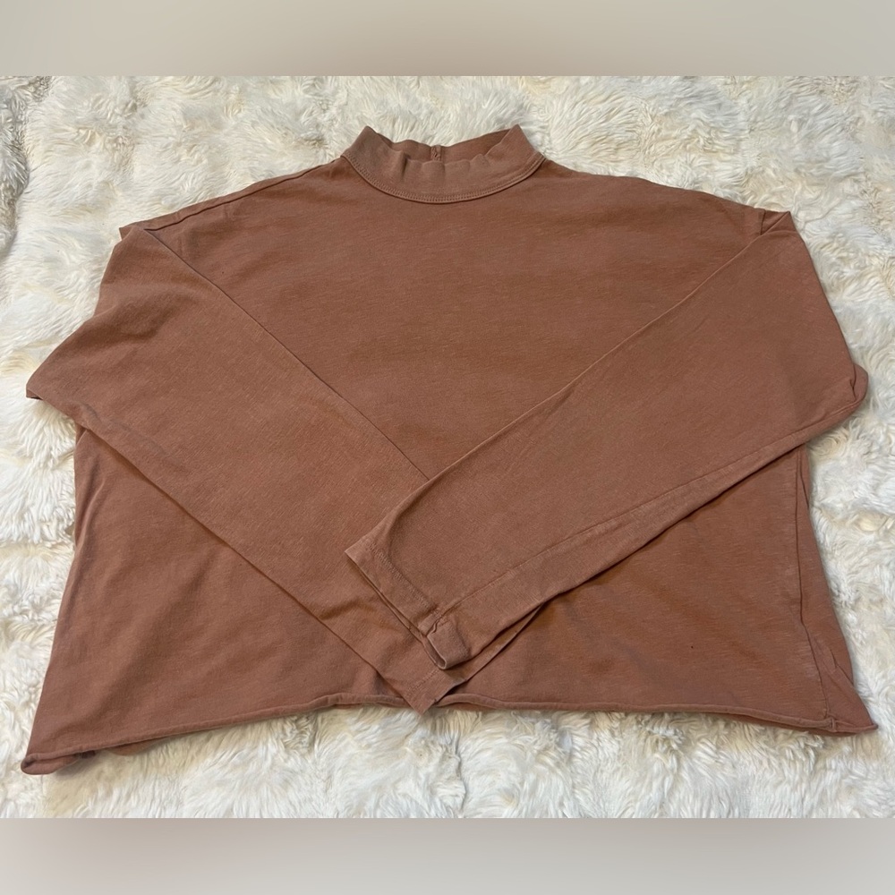 Aerie Cropped Mock Neck Long Sleeve Tan Neutral Basic Top S